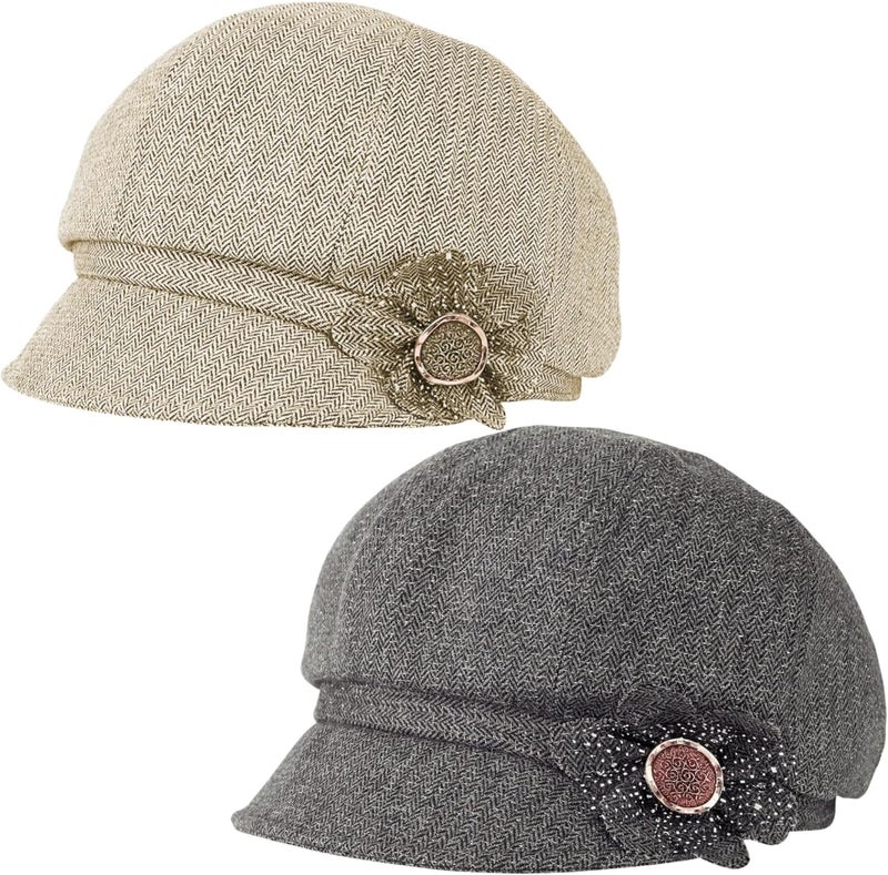 stablerice 2 Pcs Womens Newsboy Cap Women Retro Classic Visor Newsboy Cabbie Cap Beret Hats with Flower Buckle - Image 1